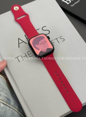新年玫瑰红ins小众硅胶表带适用苹果手表applewatchs10代s987se潮