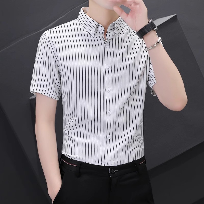 条纹衬衫男短袖夏季薄款修身商务休闲高级感冰丝2025新款男士衬衣