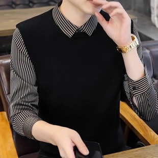 衬衫 针织衫 领条纹韩版 男士 打底线衣 潮流修身 假两件羊毛衣男秋冬季