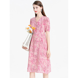 热卖春夏新款高档时尚V领收腰碎花桑蚕丝中长款a字印花真丝连衣裙