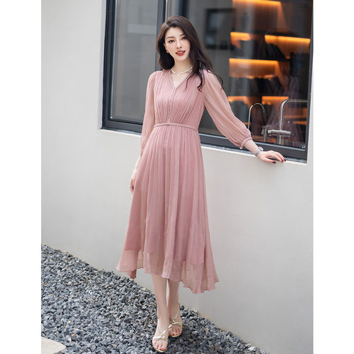 真丝连衣裙女v领高腰显瘦粉色