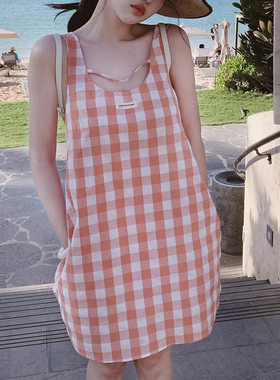 格子连衣裙女夏季小裙子粉色
