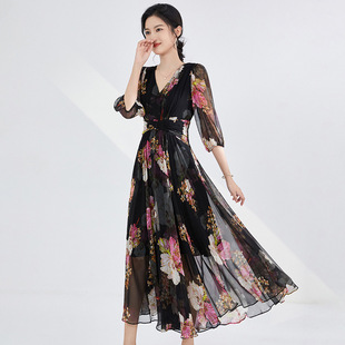 热卖夏新奢华时尚V领碎花真丝连衣裙桑蚕丝印花裙子重磅a字茶歇裙