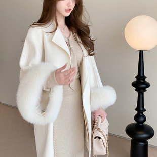 雪洛佳人廓型毛呢外套女秋冬中长款羊毛双面呢粉色大衣小个子毛毛