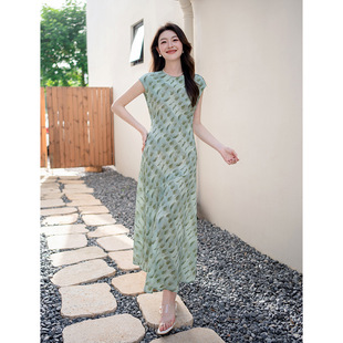 云雾印花单层桑蚕丝改良旗袍连衣裙女修身显瘦真丝鱼尾裙子小盖袖