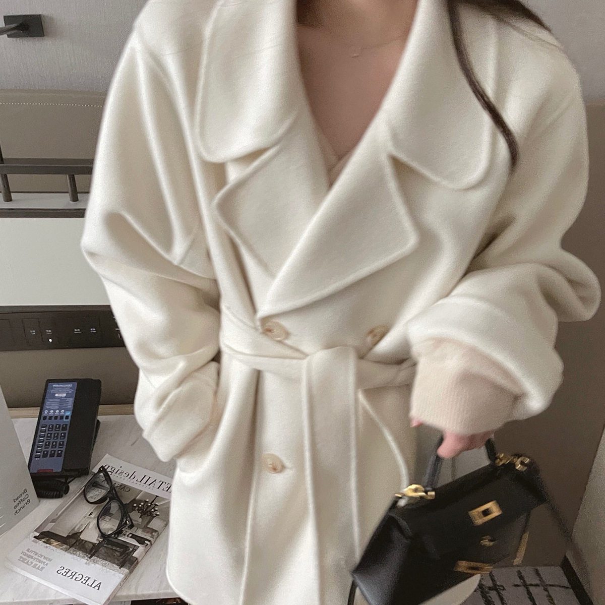 澳羊毛中长款收腰显瘦呢外套女