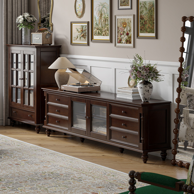 蒙杰西美式复古全实木电视柜黑胡桃色客厅储物柜落地茶几组合套装