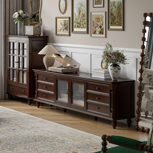 蒙杰西美式复古全实木电视柜黑胡桃色客厅储物柜落地茶几组合套装