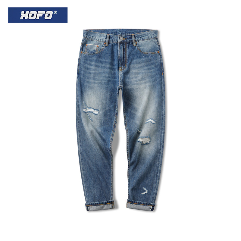 2026年夏新款 破洞补丁潮流休闲直筒宽松赤耳丹宁九分牛仔裤男