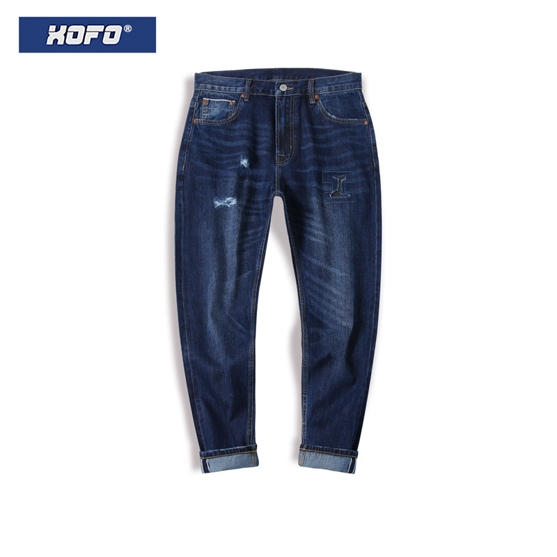 冬新款深蓝色破洞九分牛仔裤男直筒宽松赤耳丹宁水洗小脚9分裤