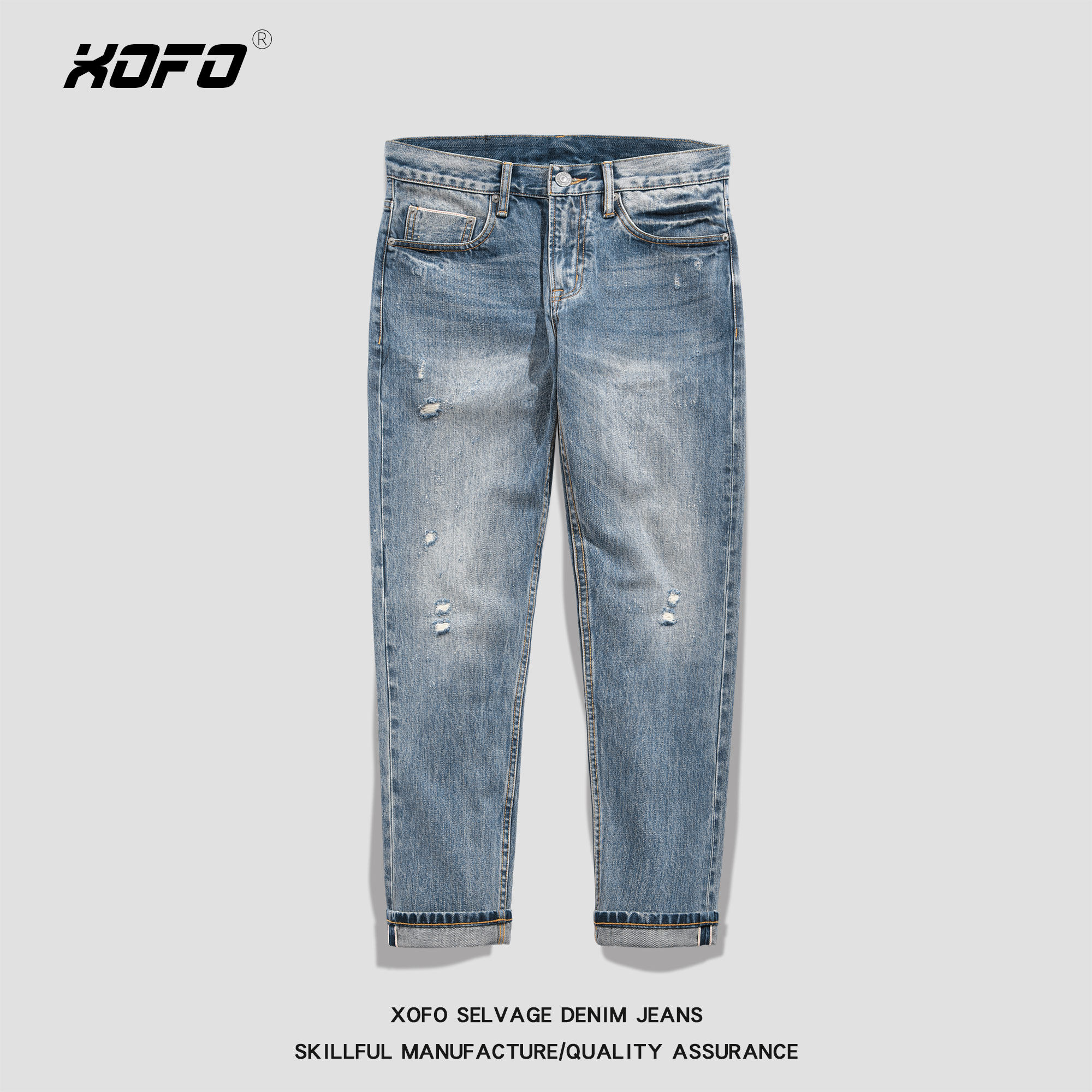 夏新款破洞牛仔裤男款休闲直筒宽松锥形小脚赤耳丹宁裤子男潮牌