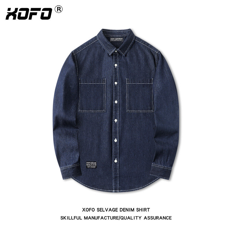 XOFO春秋季蓝色牛仔长袖衬衫