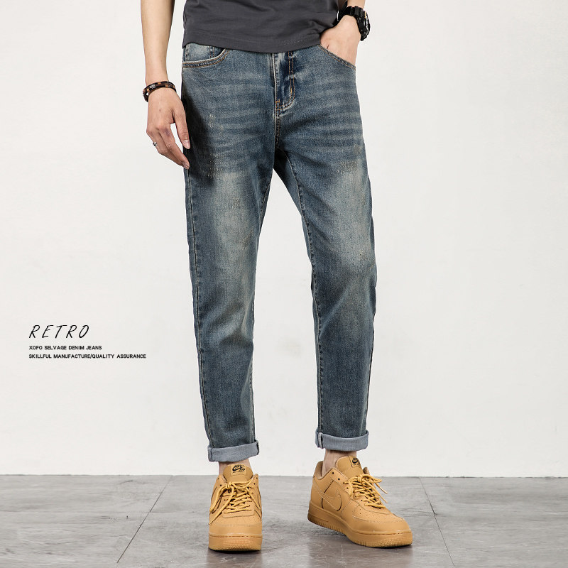 夏新款美式复古怀旧个性休闲直筒日系弹力九分小脚牛仔裤男款潮