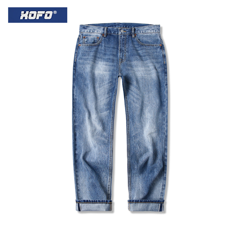 复古浅蓝色牛仔裤男夏季休闲直筒宽松赤耳丹宁水洗小脚长裤子潮