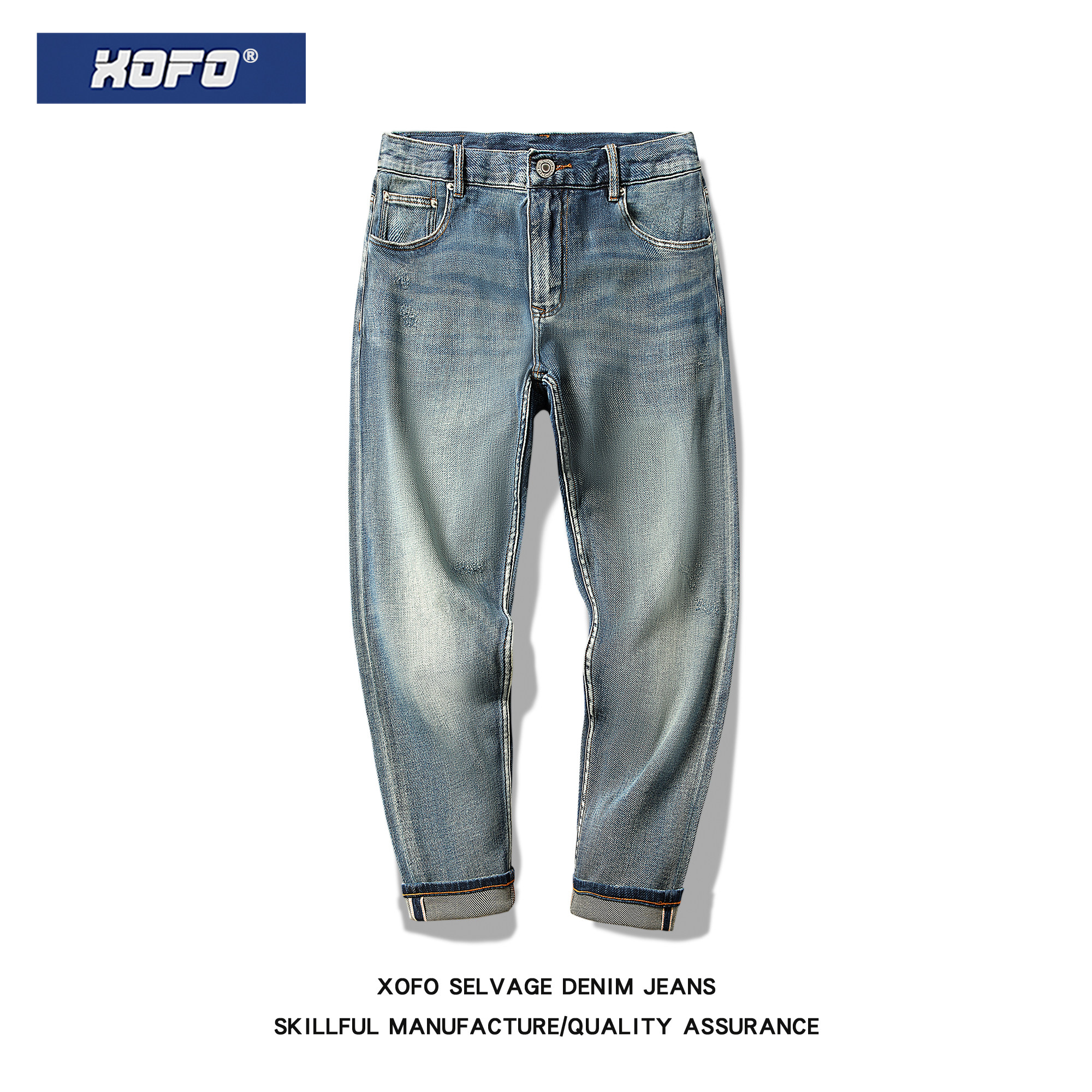 冬季新款港风潮流蓝色日系宽松休闲磨烂舒适九分小脚牛仔裤男士