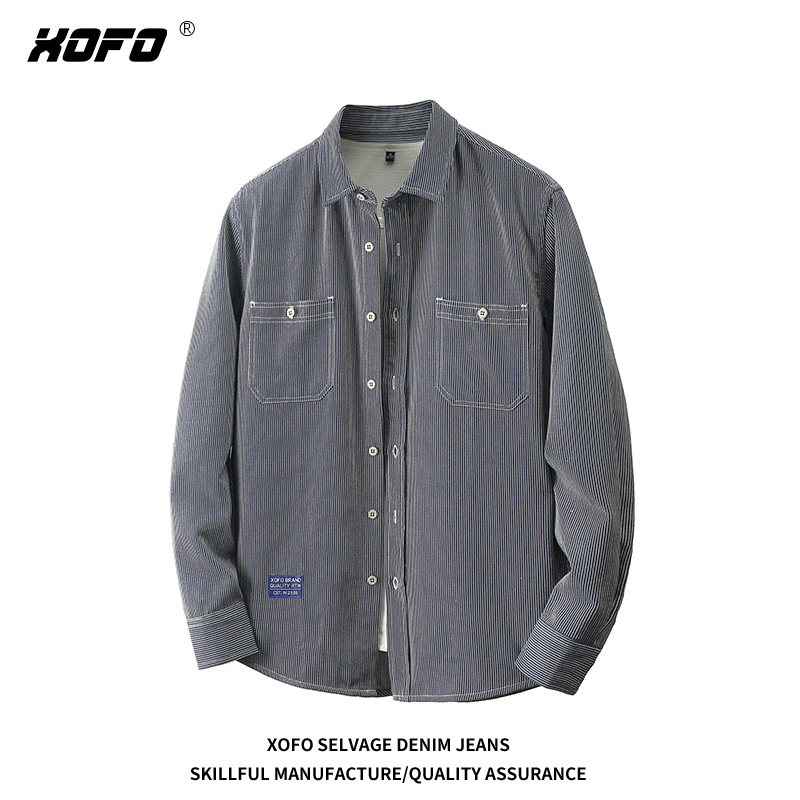 水洗条纹休闲长袖衬衣男款2025新款爆款百搭上衣冬款宽松复古外套