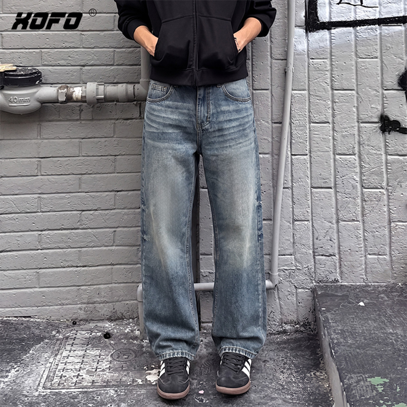 xofo新款美式复古蓝色宽松阔腿牛仔裤男士夏季百搭休闲长裤子潮牌