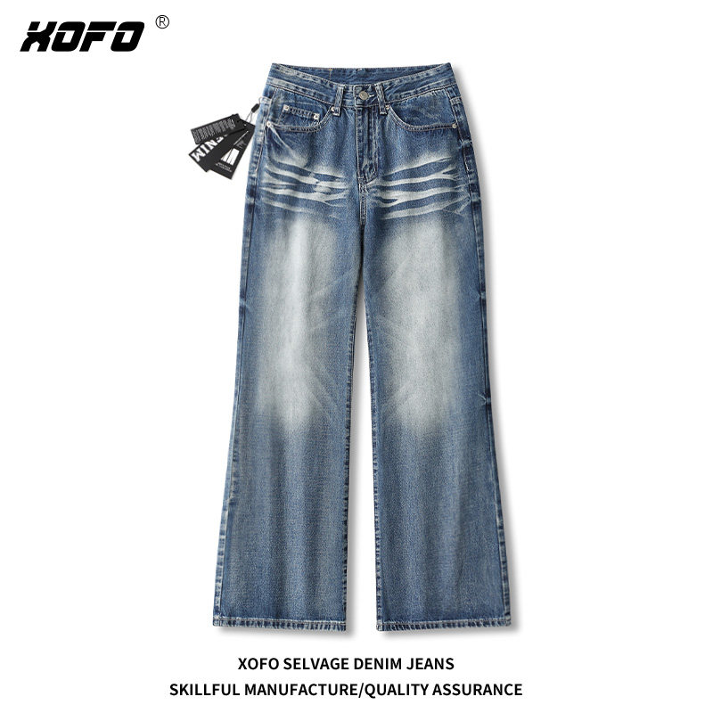 2026年新款美式蓝色水洗波纹猫须牛仔裤男宽松微喇长裤子夏季潮