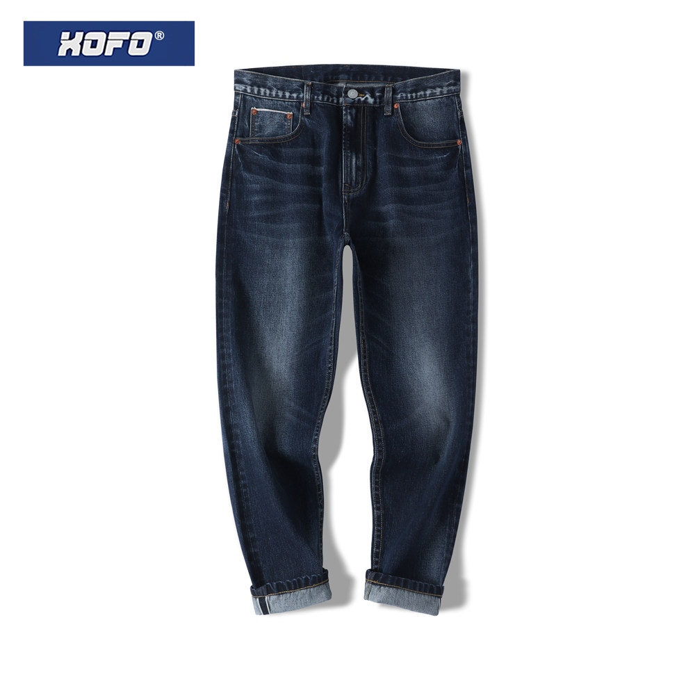 深蓝色水洗系列休闲牛仔裤男款冬潮流直筒宽松赤耳丹宁小脚长裤