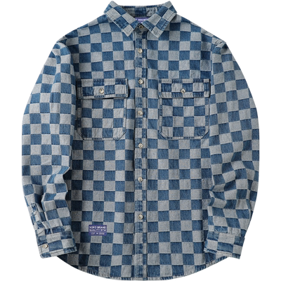 牛仔洗水复古男士怀旧格子衬衫
