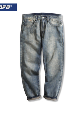 xofo新款日系复古九分牛仔裤男款冬直筒宽松水洗赤耳丹宁裤子潮