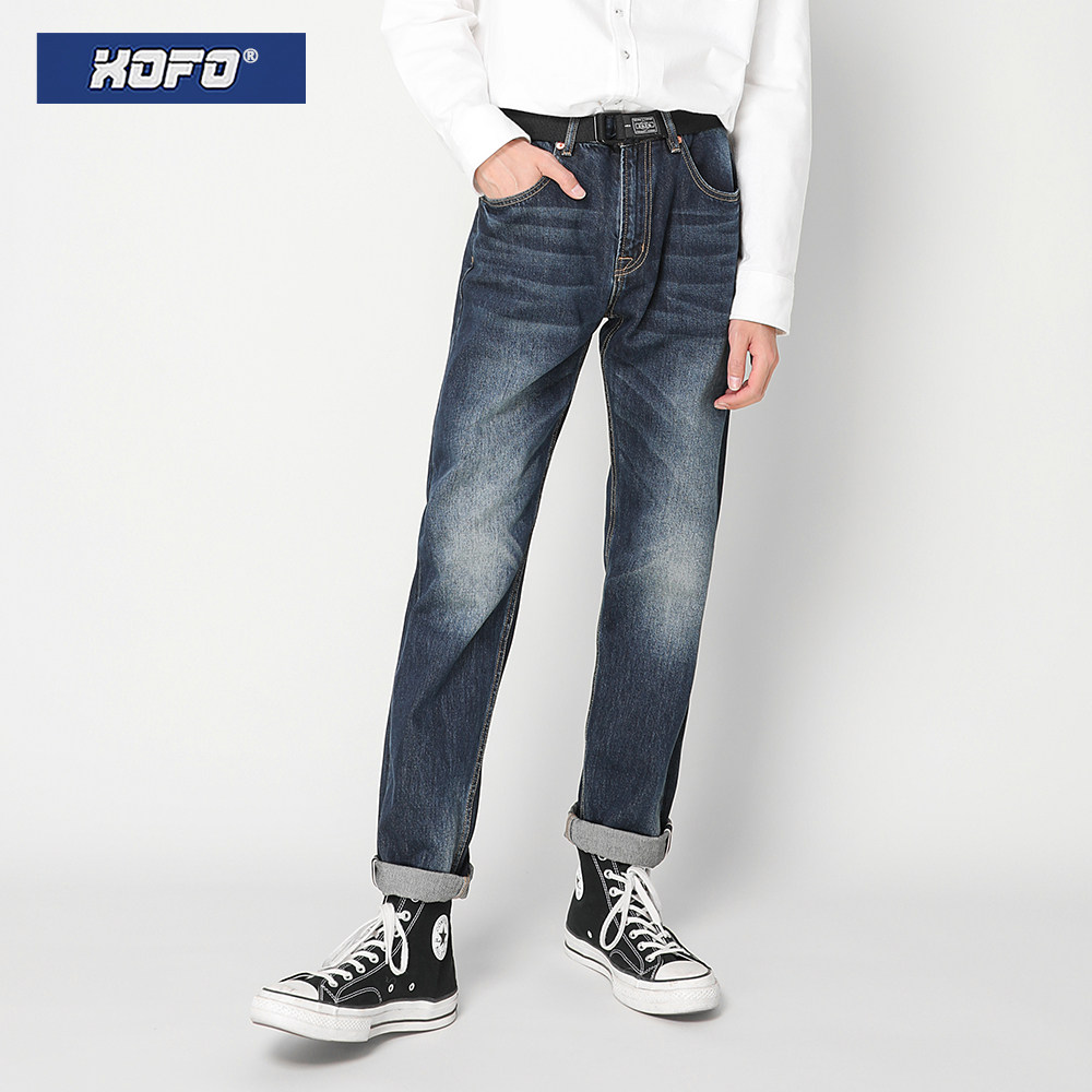 深蓝色水洗休闲牛仔裤男款冬新款休闲直筒宽松赤耳丹宁小脚长裤