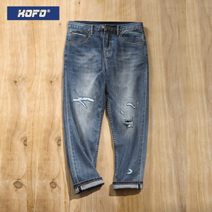 冬新款复古做旧赤耳破洞九分牛仔裤男款直筒宽松小脚男裤子潮流