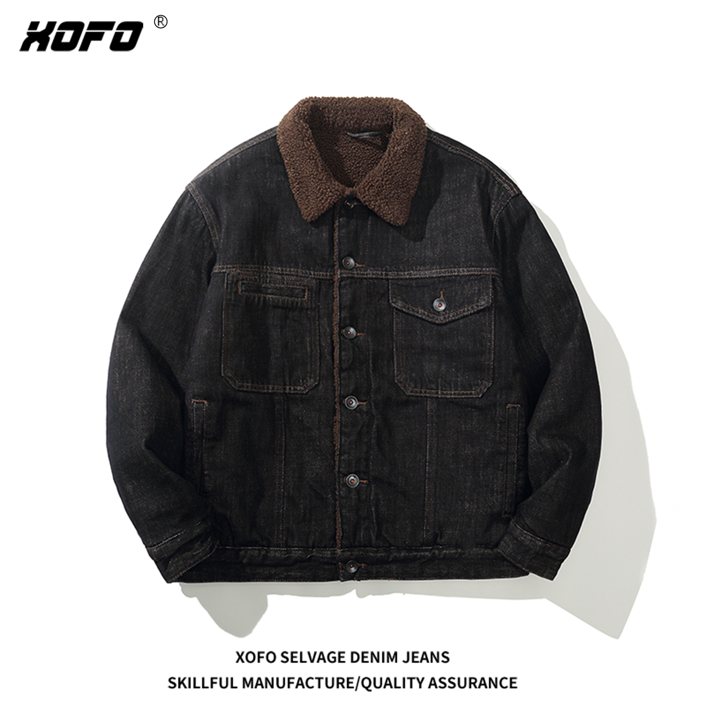 2025新款黑色美式复古风羊羔绒领牛仔夹克男加绒保暖工装外套冬季