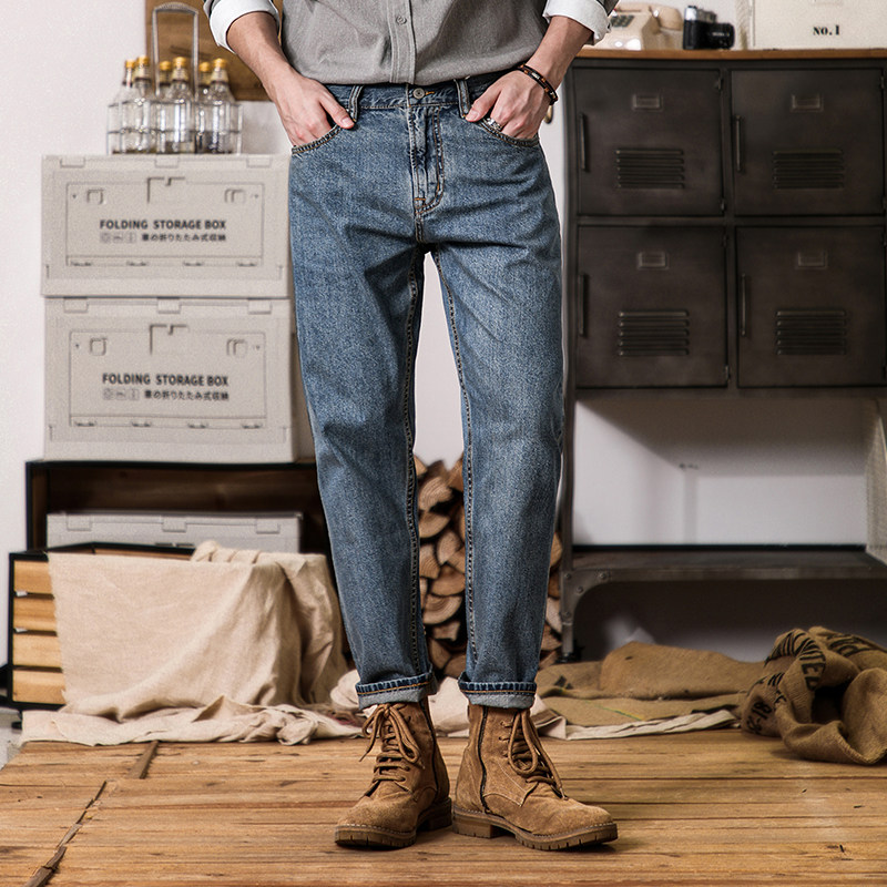 2025新款美式复古蓝色锥形小脚九分牛仔裤男款冬直筒水洗柔软裤