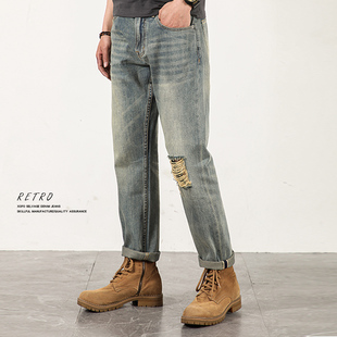 复古潮牌日系破洞休闲丹宁潮流阔腿冬新款直筒宽松男款牛仔裤