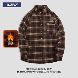 秋冬季新款美式复古加绒加厚格子衬衫男休闲宽松保暖内搭男士衬衣