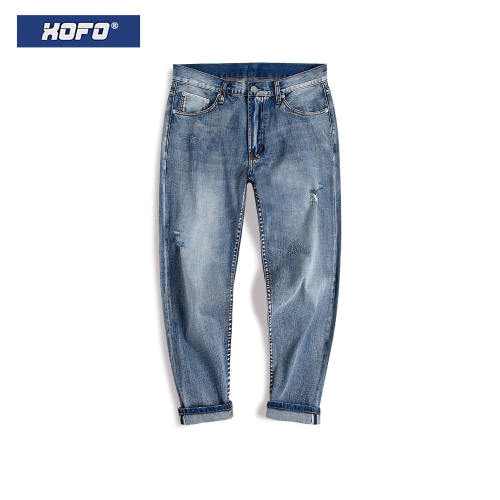 浅色九分牛仔裤男夏季宽松直筒赤耳丹宁做旧水洗小脚9分裤子潮