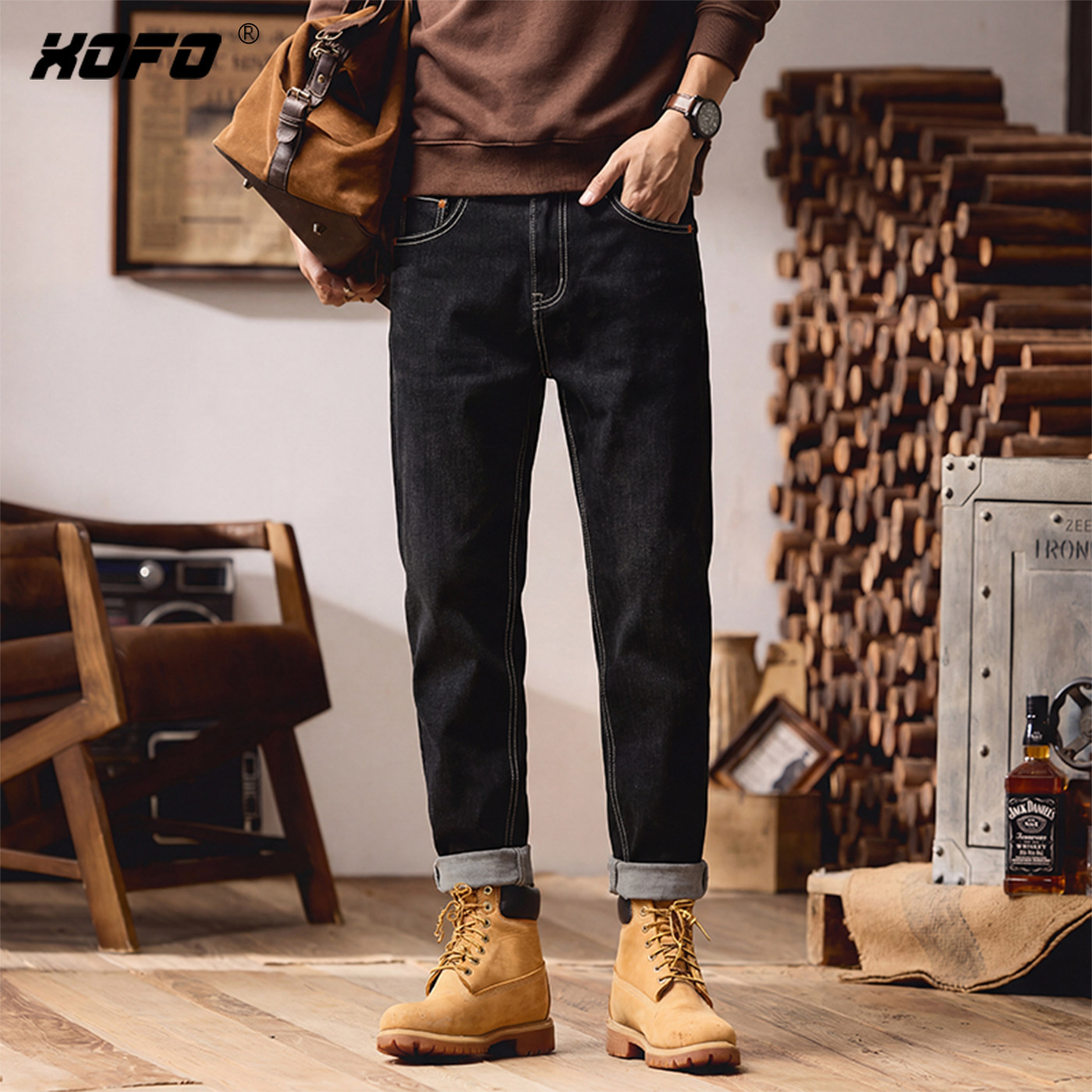 港风刺绣黑色牛仔裤裤男款2026新款九分小脚裤子宽松锥形潮流款