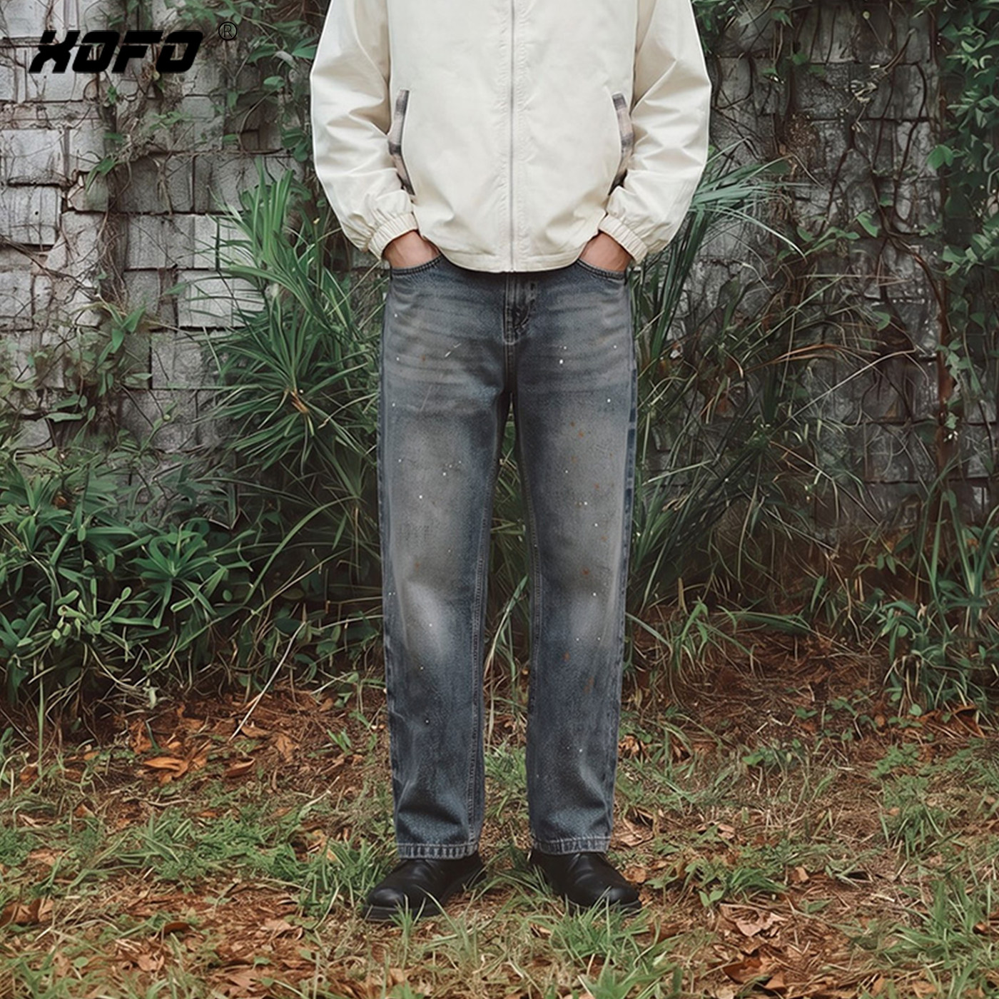 复古泼墨宽松直筒牛仔裤男款百搭水洗做旧秋季裤子高端设计感潮牌