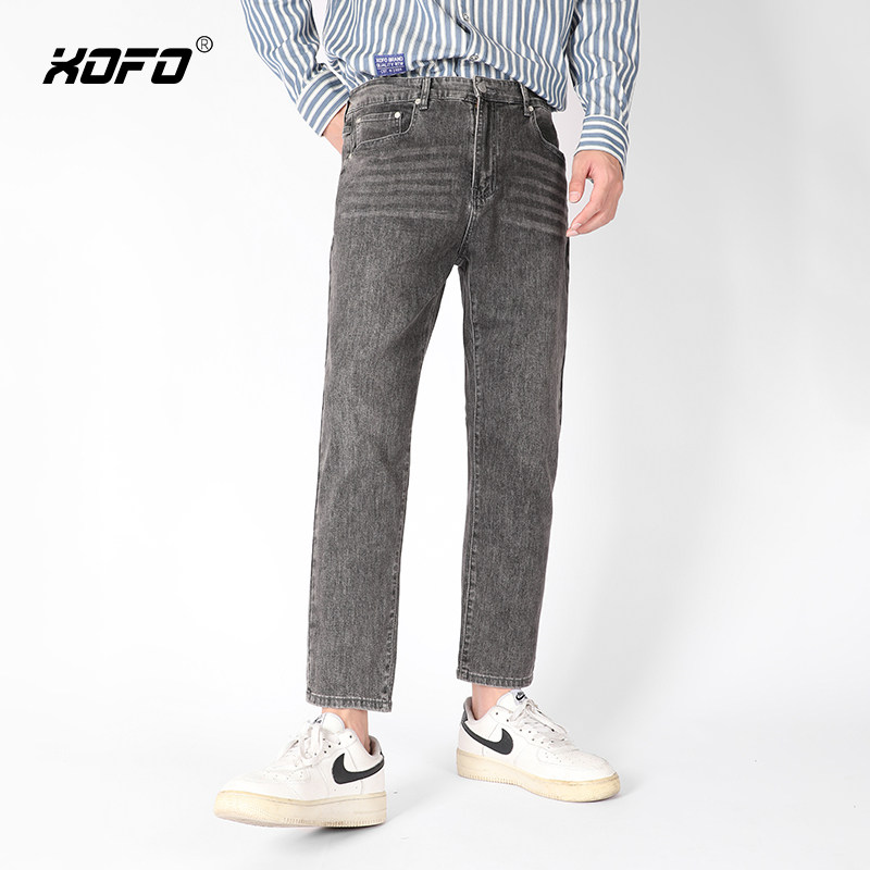 猫须复古烟灰色牛仔裤男士冬季新款直筒修身弹力美式复古九分裤