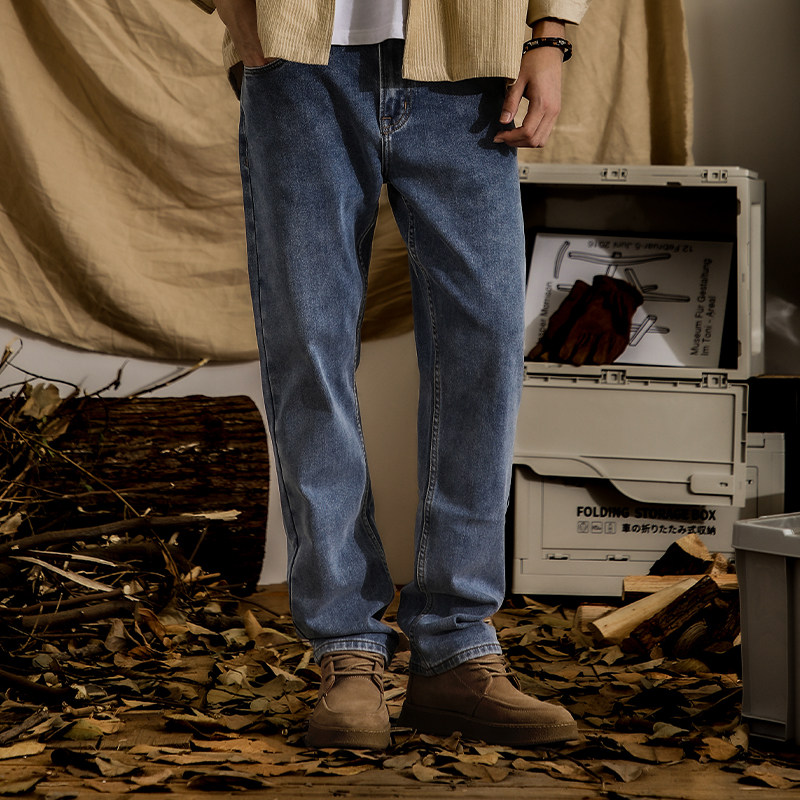 冬冬季新款加绒加厚火山岩发热面料牛仔裤男休闲直筒宽松水洗长裤