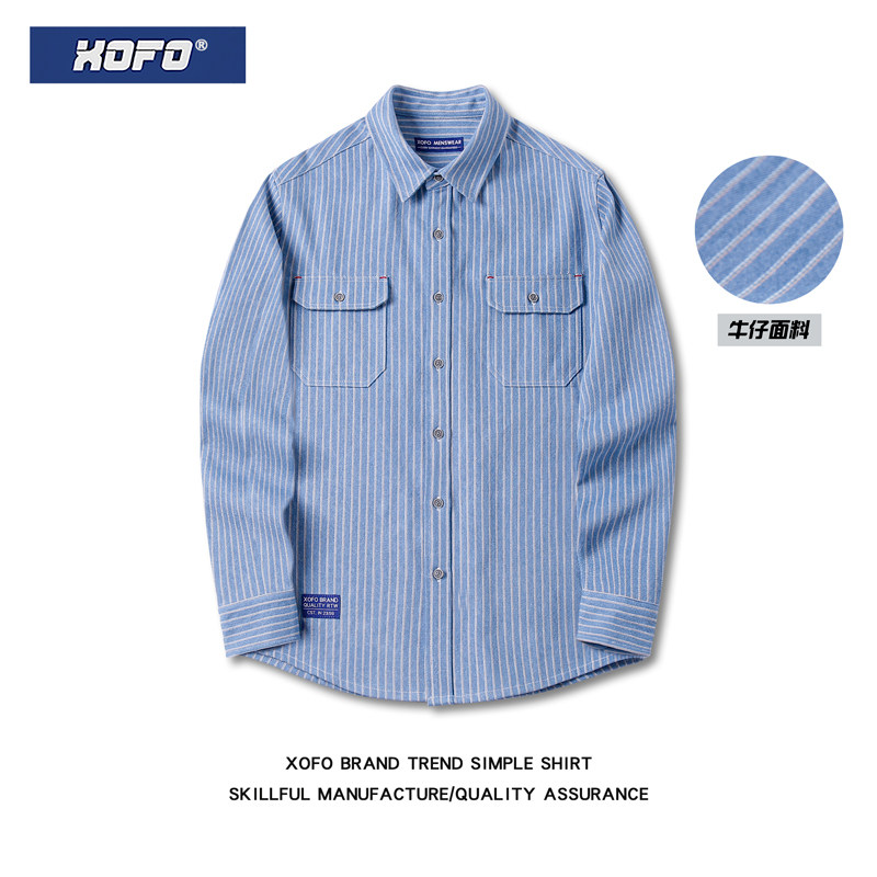 【牛仔竖条纹】秋季港风日系衬衫男士宽松休闲工装衬衣长袖外套