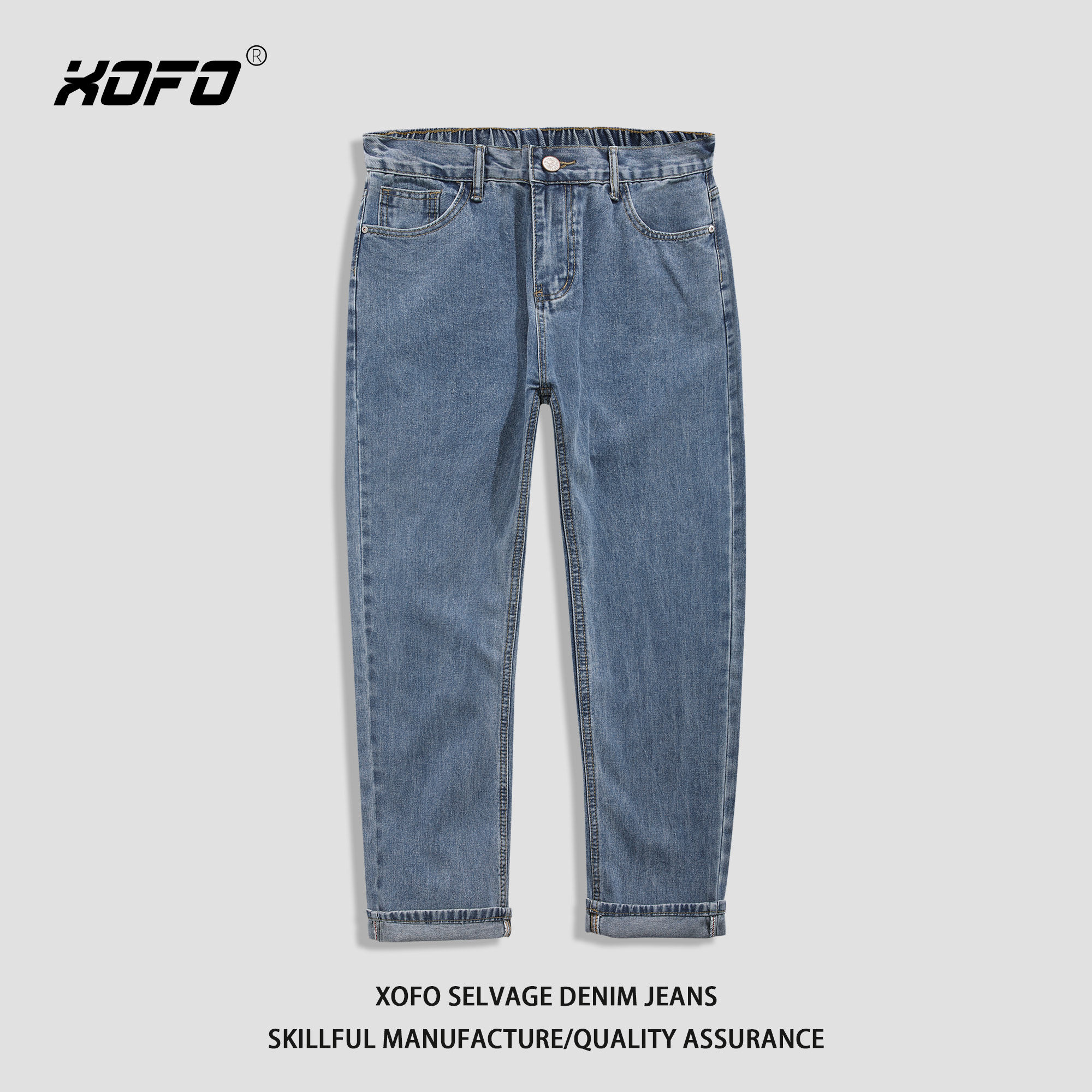 蓝色新款牛仔裤男款冬季休闲直筒宽松弹力松紧腰男士长裤子潮流