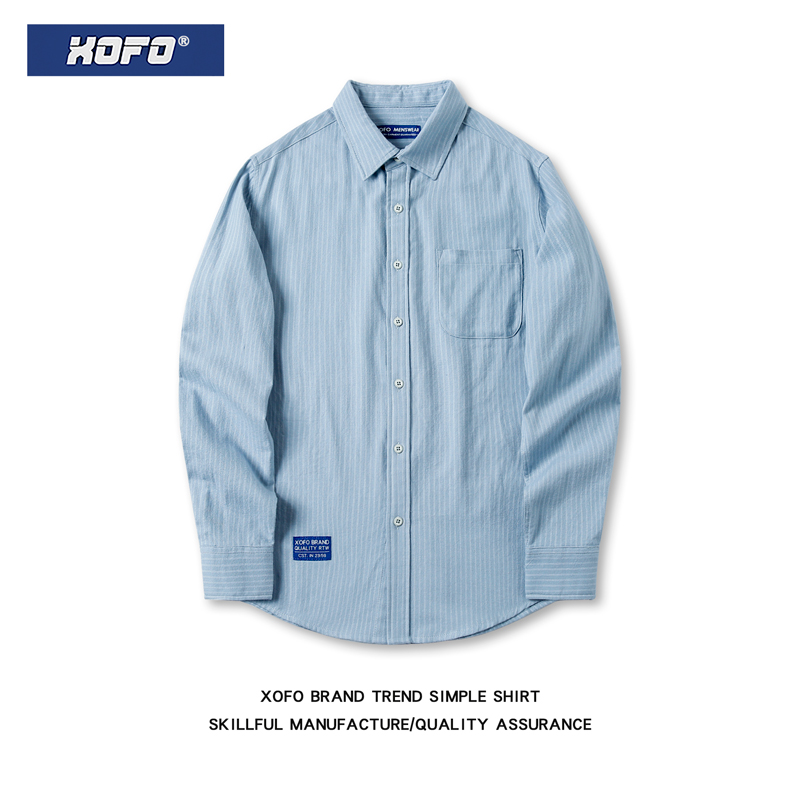 秋季新款日系蓝色外搭条纹衬衫