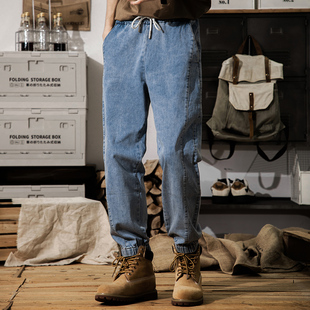 美式复古松紧腰系绳牛仔裤男冬季锥形小脚修身弹力九分裤子男款