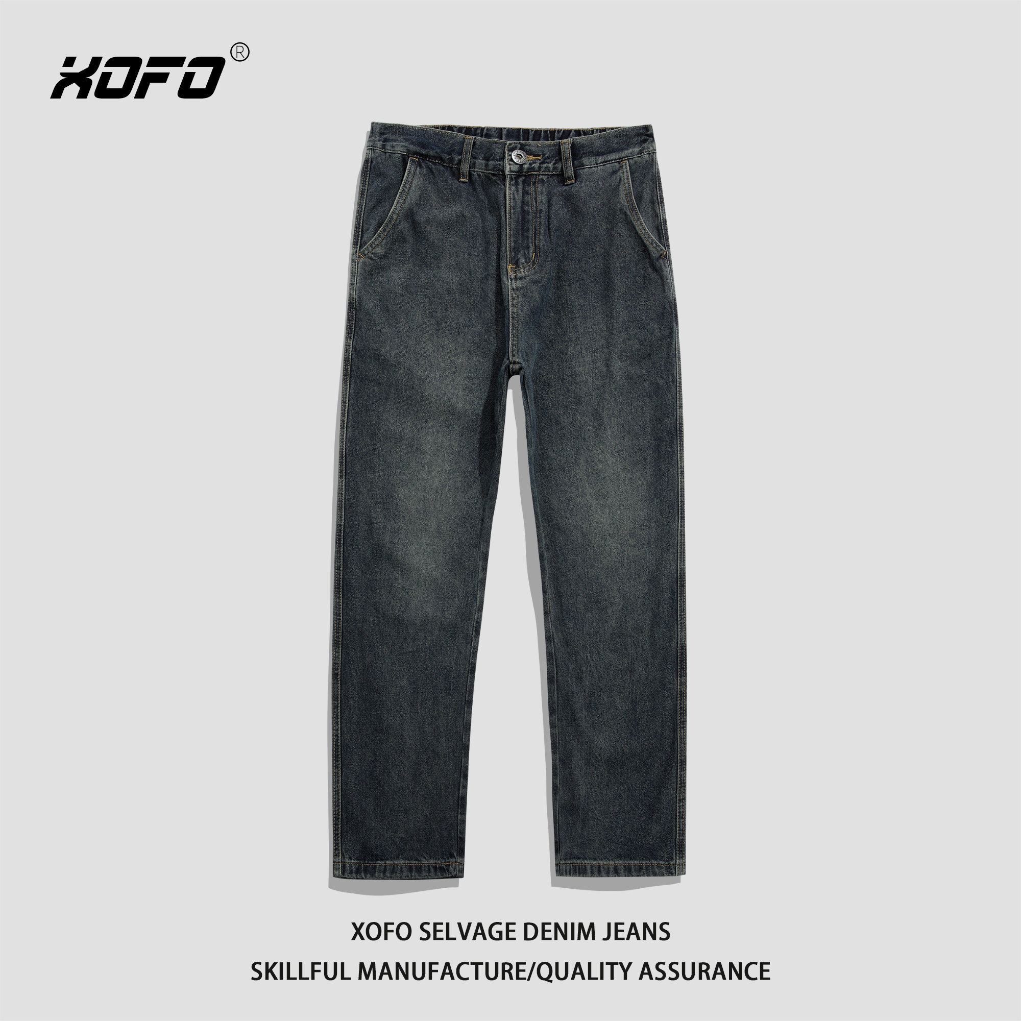 复古深蓝色牛仔裤男款冬季新款松紧腰休闲宽松直筒长裤子男士潮