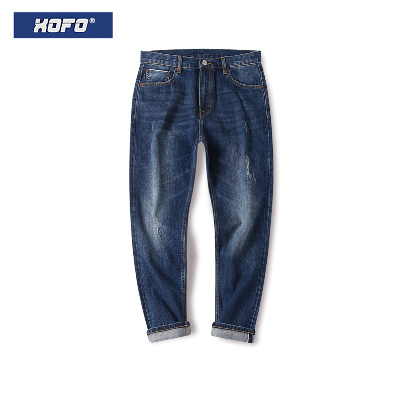 港风水洗九分牛仔裤男士休闲直筒