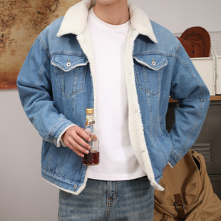 2026年冬季季新款浅蓝色加绒加厚牛仔夹克男休闲宽松短款时尚外套