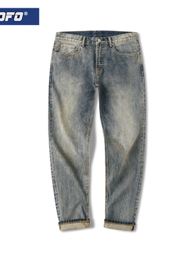 xofo水洗宽松休闲锥形小脚牛仔裤男士冬季新款黄泥日系复古直筒