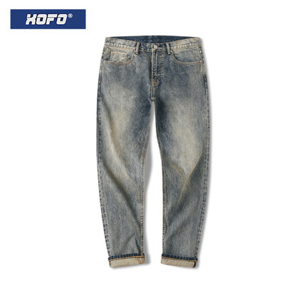 xofo水洗宽松休闲锥形小脚牛仔裤男士冬季新款黄泥日系复古直筒