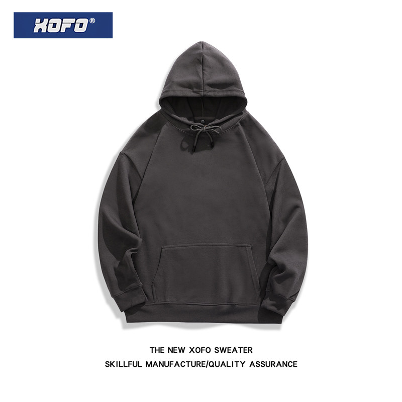 早款日系港风380G重磅灰色连帽卫衣男休闲宽松套头纯色外套帽衫