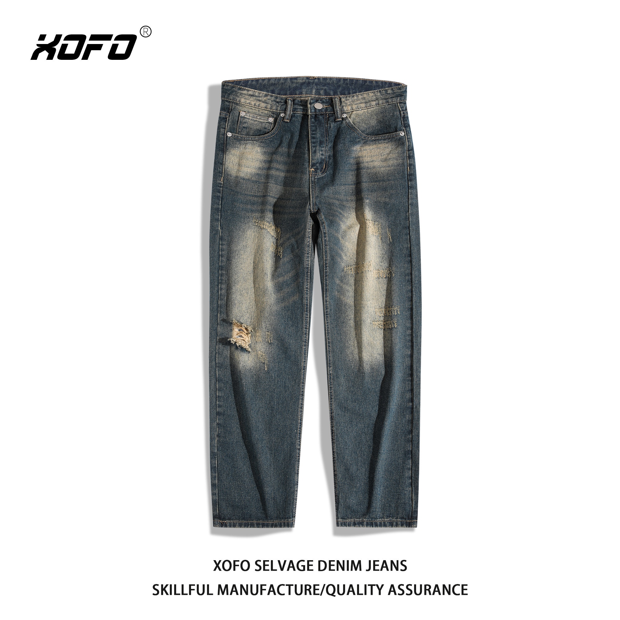 新款美式复古破洞牛仔裤男款夏休闲宽松直筒百搭水洗长裤男潮流