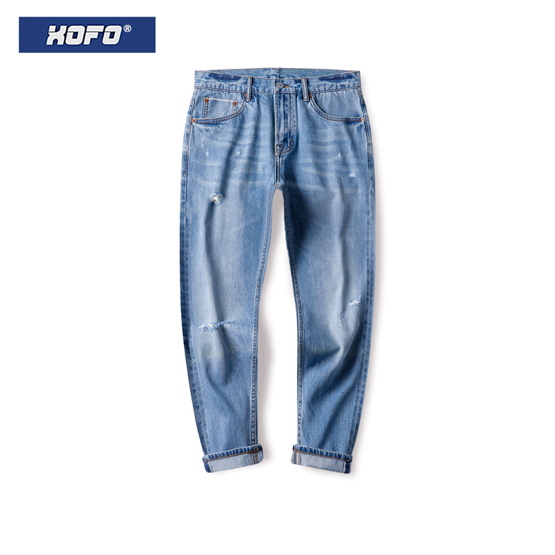 破洞男士牛仔裤冬季2026新款休闲直筒宽松赤耳水洗小脚裤韩版潮