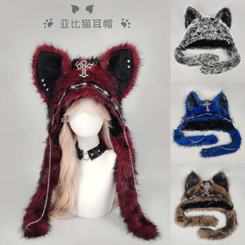 亚文化辣妹猫耳帽朋克风摇滚秋冬保暖帽暗黑系哥特风冬季毛绒帽子