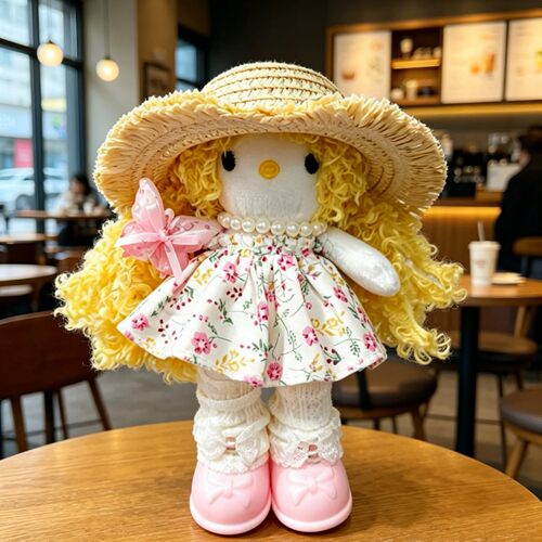 新款长腿kt挂件黄色羊毛卷加白底碎花裙hellokitty挂件毛绒公仔